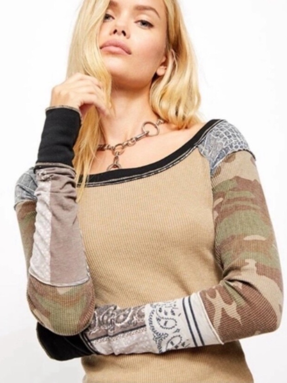 Free People We The Free Brightside Thermal Top S Camo Willow Print Womens - Picture 2 of 10